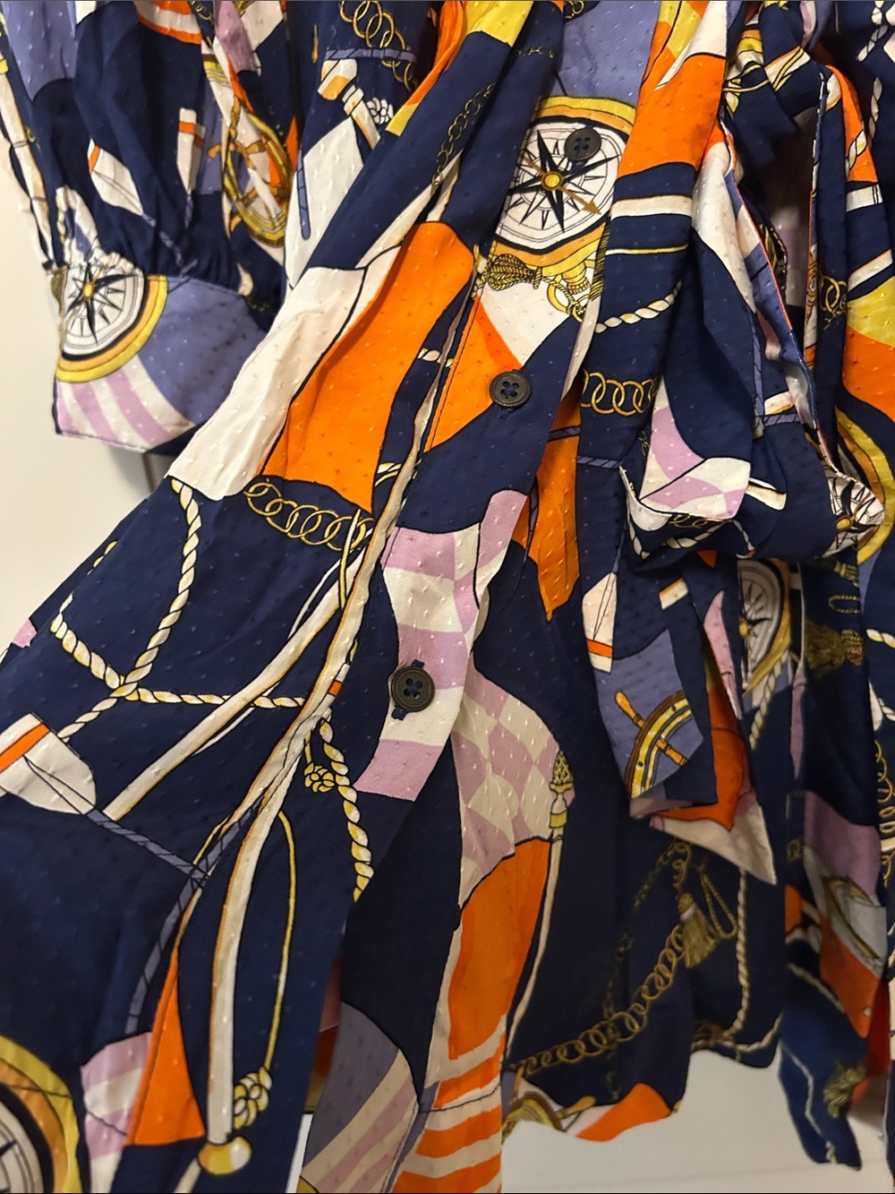 Anthropologie Maeve Navy Shirt Dress with Orange, Purple & Cream Nautical Print - Picture 8 of 16